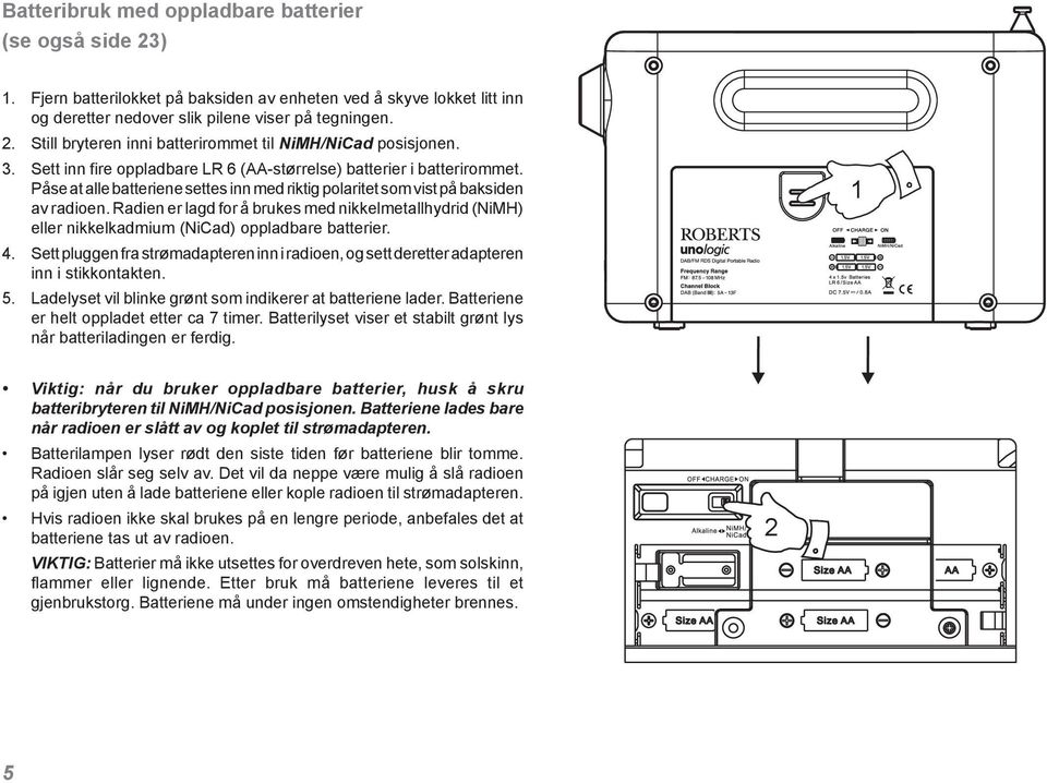 Radien er lagd for å brukes med nikkelmetallhydrid (NiMH) eller nikkelkadmium (NiCad) oppladbare batterier. 4.