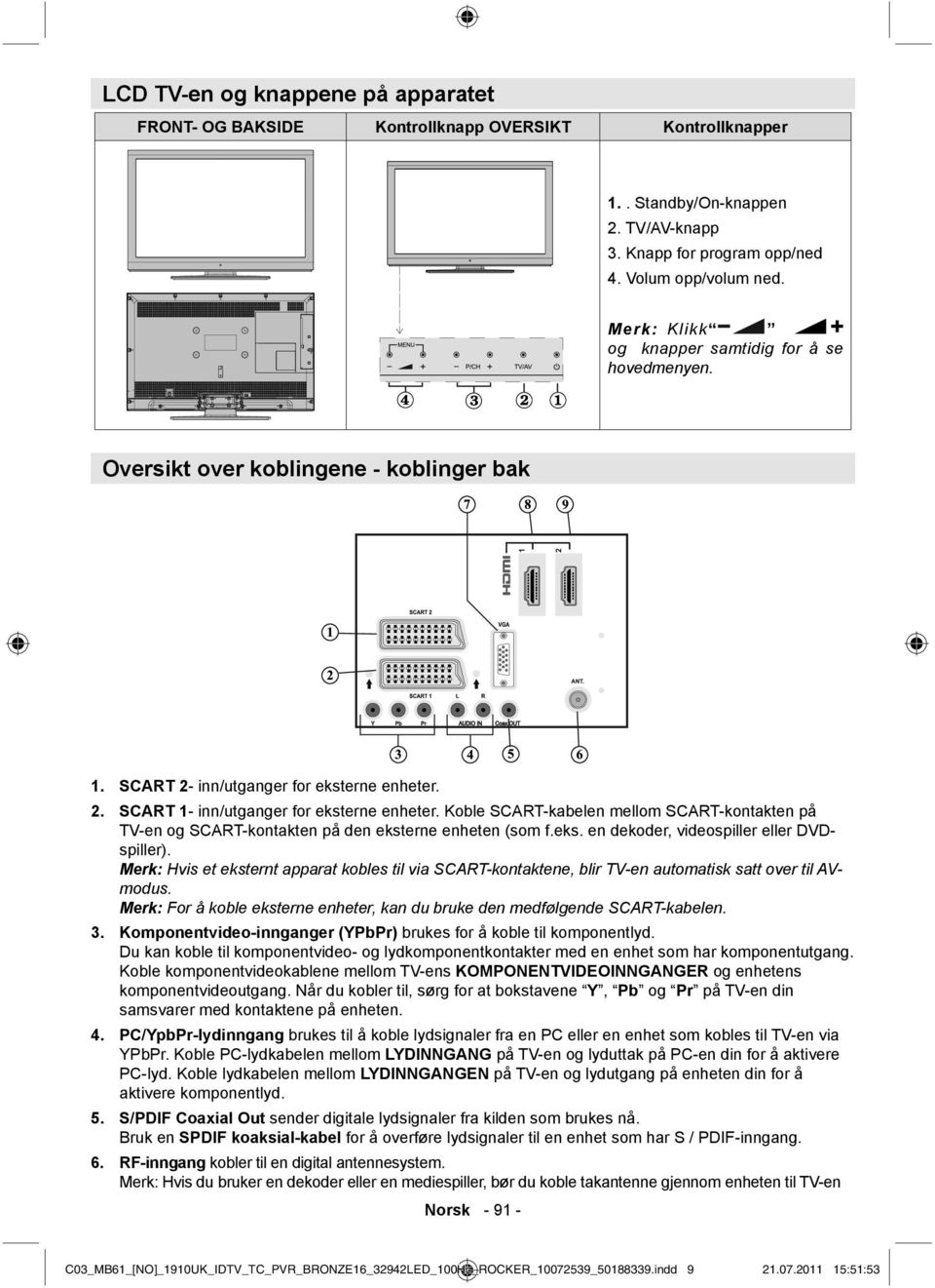 Koble SCART-kabelen mellom SCART-kontakten på TV-en og SCART-kontakten på den eksterne enheten (som f.eks. en dekoder, videospiller eller DVDspiller).