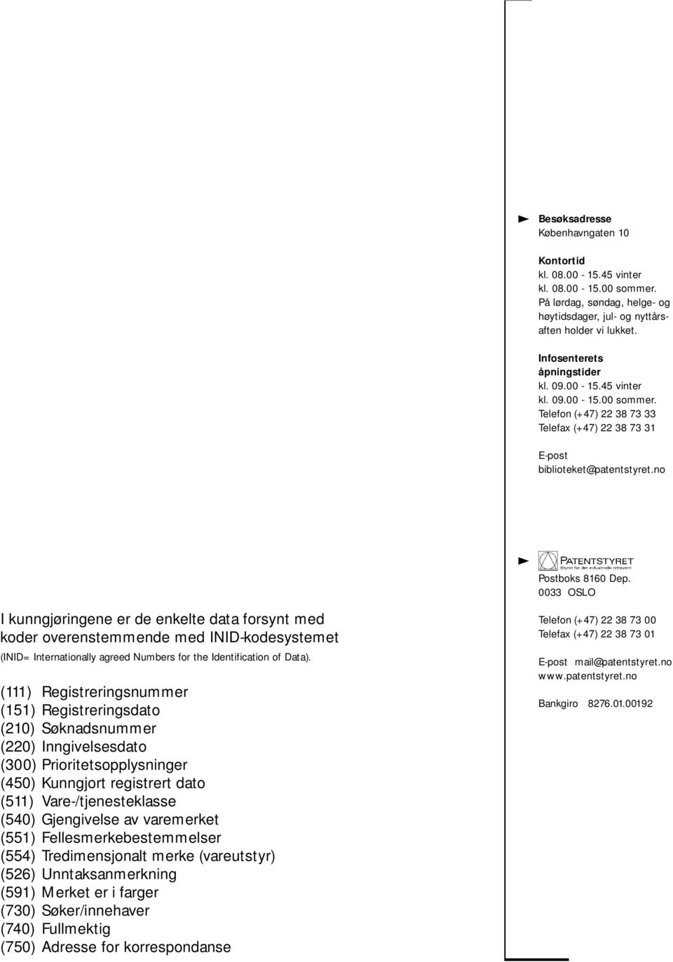 0033 OSLO I kunngjøringene er de enkelte data forsynt med koder overenstemmende med INID-kodesystemet (INID= Internationally agreed Numbers for the Identification of Data).