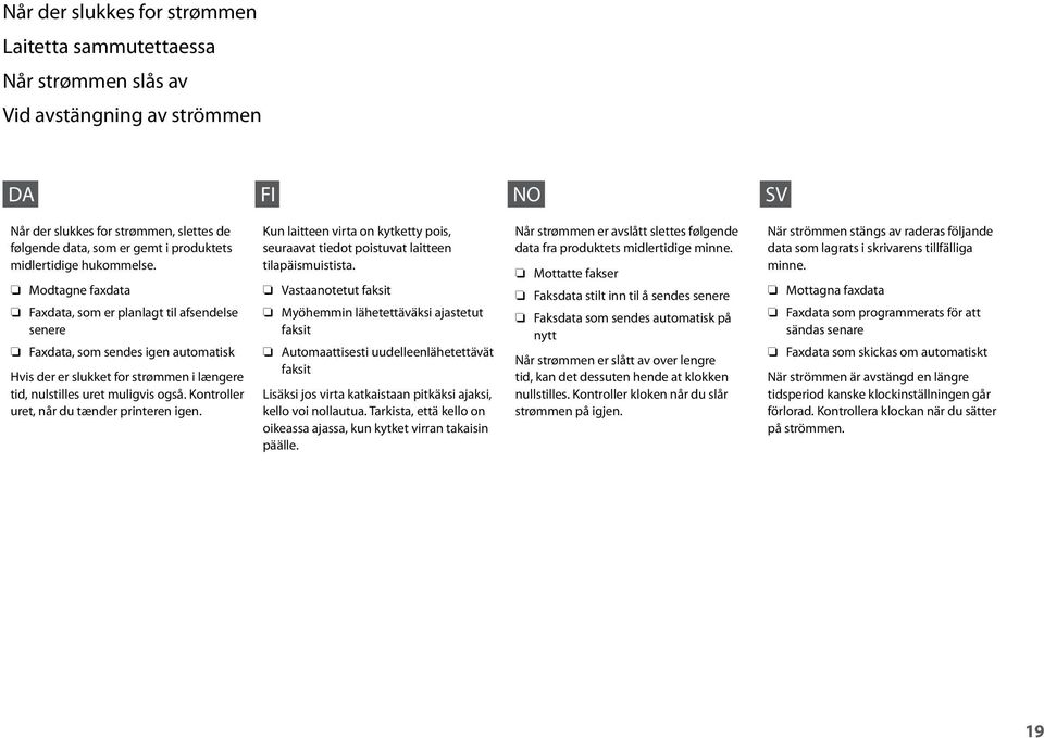 O O O Modtagne faxdata Faxdata, som er planlagt til afsendelse senere Faxdata, som sendes igen automatisk Hvis der er slukket for strømmen i længere tid, nulstilles uret muligvis også.