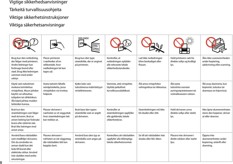 Brug kun den type strømkilde, der er angivet på printeren. Kontroller, at netledningen opfylder alle relevante lokale sikkerhedsstandarder. Lad ikke netledningen blive beskadiget eller flosset.