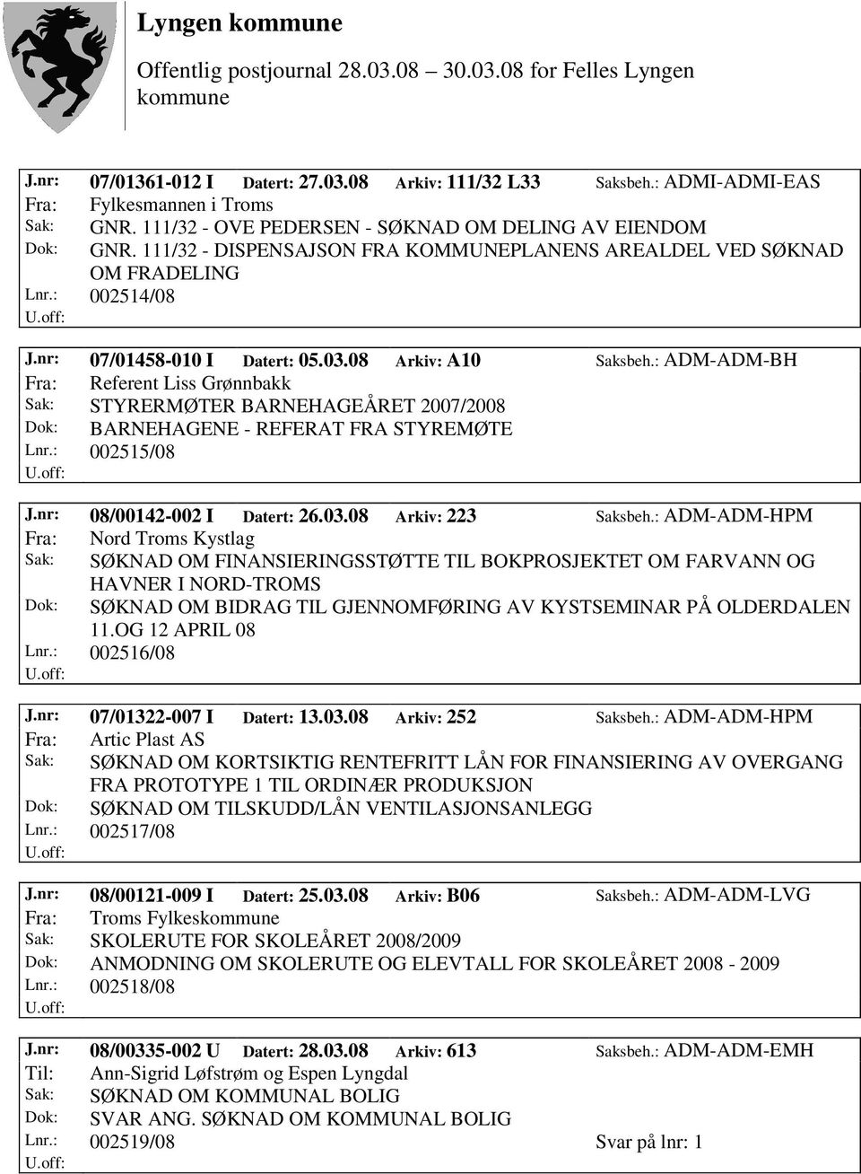 : ADM-ADM-BH Fra: Referent Liss Grønnbakk Sak: STYRERMØTER BARNEHAGEÅRET 2007/2008 Dok: BARNEHAGENE - REFERAT FRA STYREMØTE Lnr.: 002515/08 J.nr: 08/00142-002 I Datert: 26.03.08 Arkiv: 223 Saksbeh.