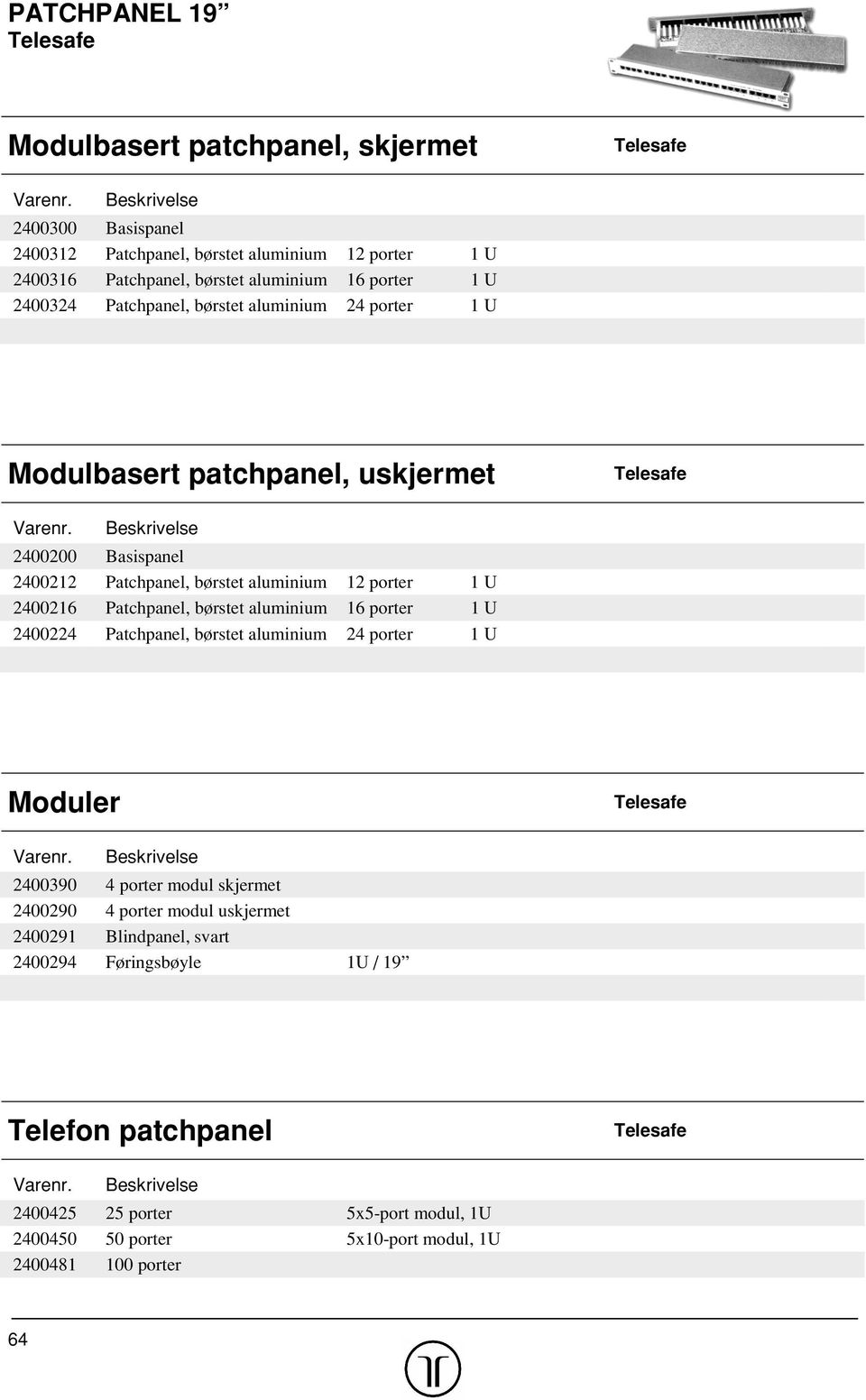 2400216 Patchpanel, børstet aluminium 16 porter 1 U 2400224 Patchpanel, børstet aluminium 24 porter 1 U Moduler Telesafe 2400390 4 porter modul skjermet 2400290 4 porter modul