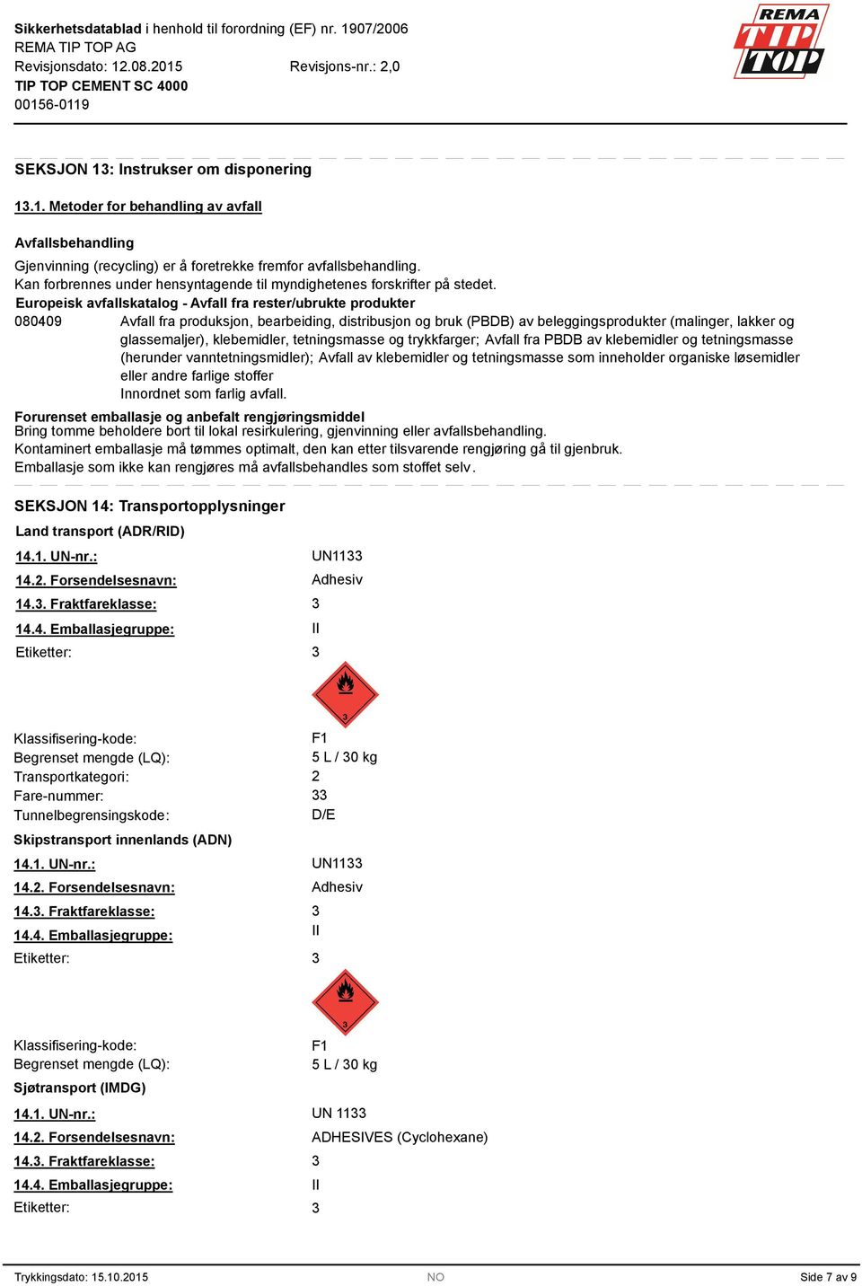 Europeisk avfallskatalog - Avfall fra rester/ubrukte produkter 080409 Avfall fra produksjon, bearbeiding, distribusjon og bruk (PBDB) av beleggingsprodukter (malinger, lakker og glassemaljer),