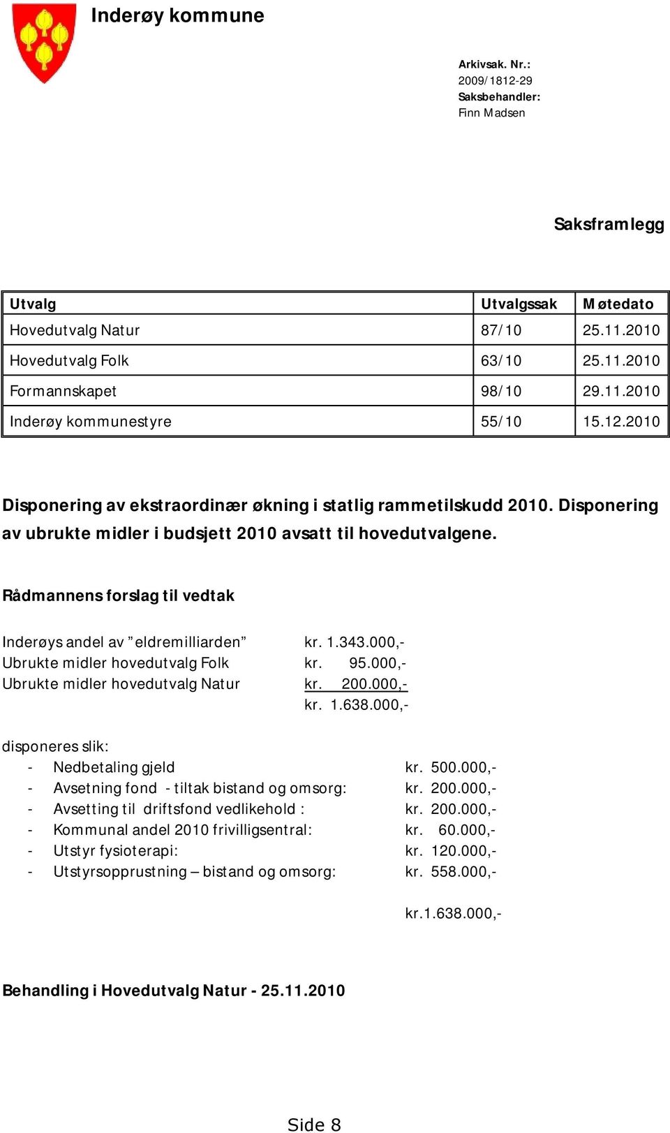 Rådmannens forslag til vedtak Inderøys andel av eldremilliarden kr. 1.343.000,- Ubrukte midler hovedutvalg Folk kr. 95.000,- Ubrukte midler hovedutvalg Natur kr. 200.000,- kr. 1.638.