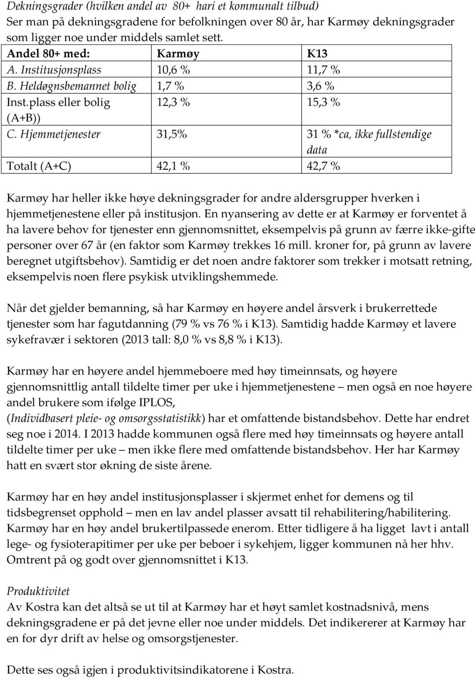 Hjemmetjenester 31,5% 31 % *ca, ikke fullstendige data Totalt (A+C) 42,1 % 42,7 % Karmøy har heller ikke høye dekningsgrader for andre aldersgrupper hverken i hjemmetjenestene eller på institusjon.