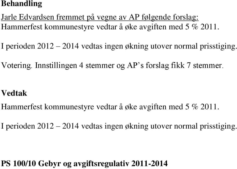 Innstillingen 4 stemmer og AP s forslag fikk 7 stemmer.