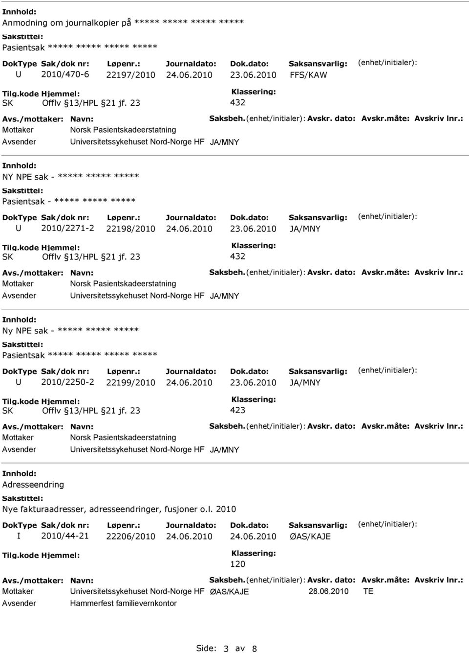 : niversitetssykehuset Nord-Norge HF Ny NPE sak - ***** ***** ***** 2010/2250-2 22199/2010 Avs./mottaker: Navn: Saksbeh. Avskr. dato: Avskr.måte: Avskriv lnr.