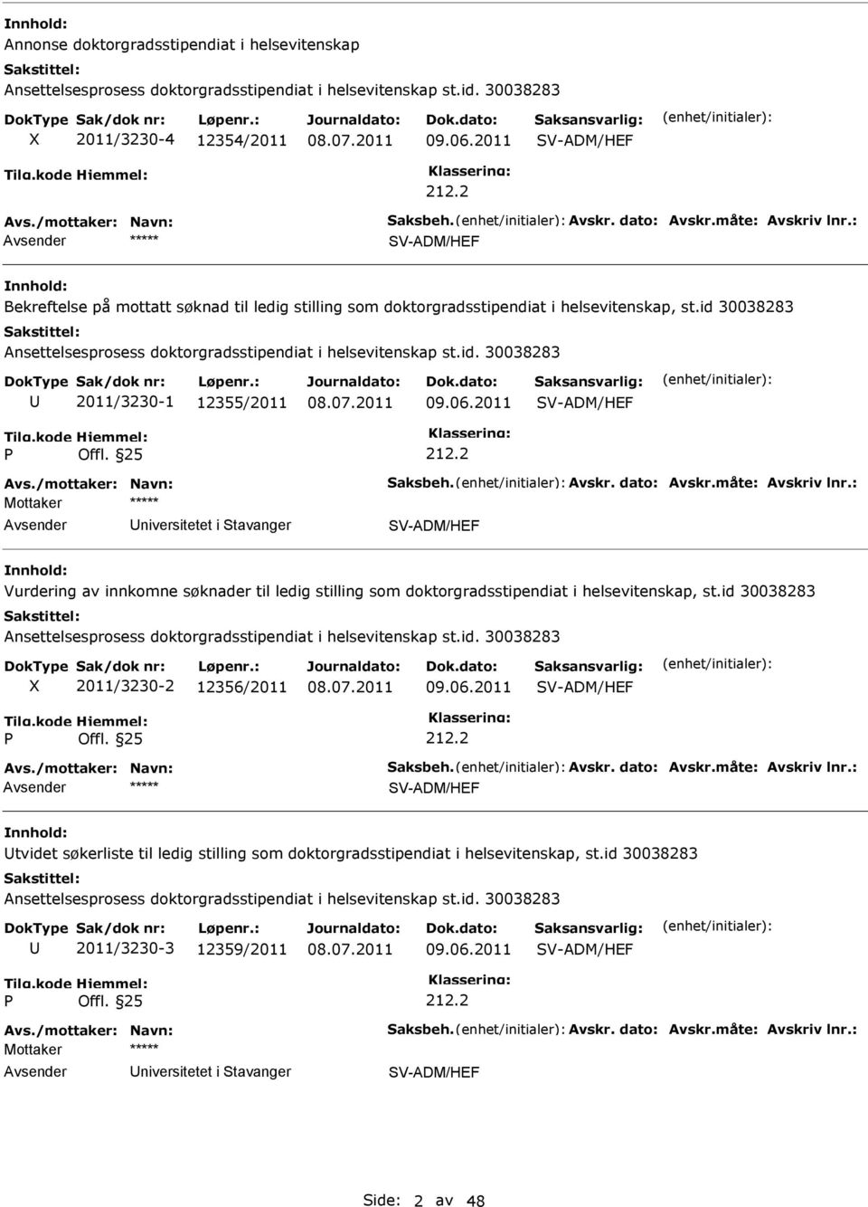 06.2011 V-ADM/HEF niversitetet i tavanger V-ADM/HEF Vurdering av innkomne søknader til ledig stilling som doktorgradsstipendiat i helsevitenskap, st.