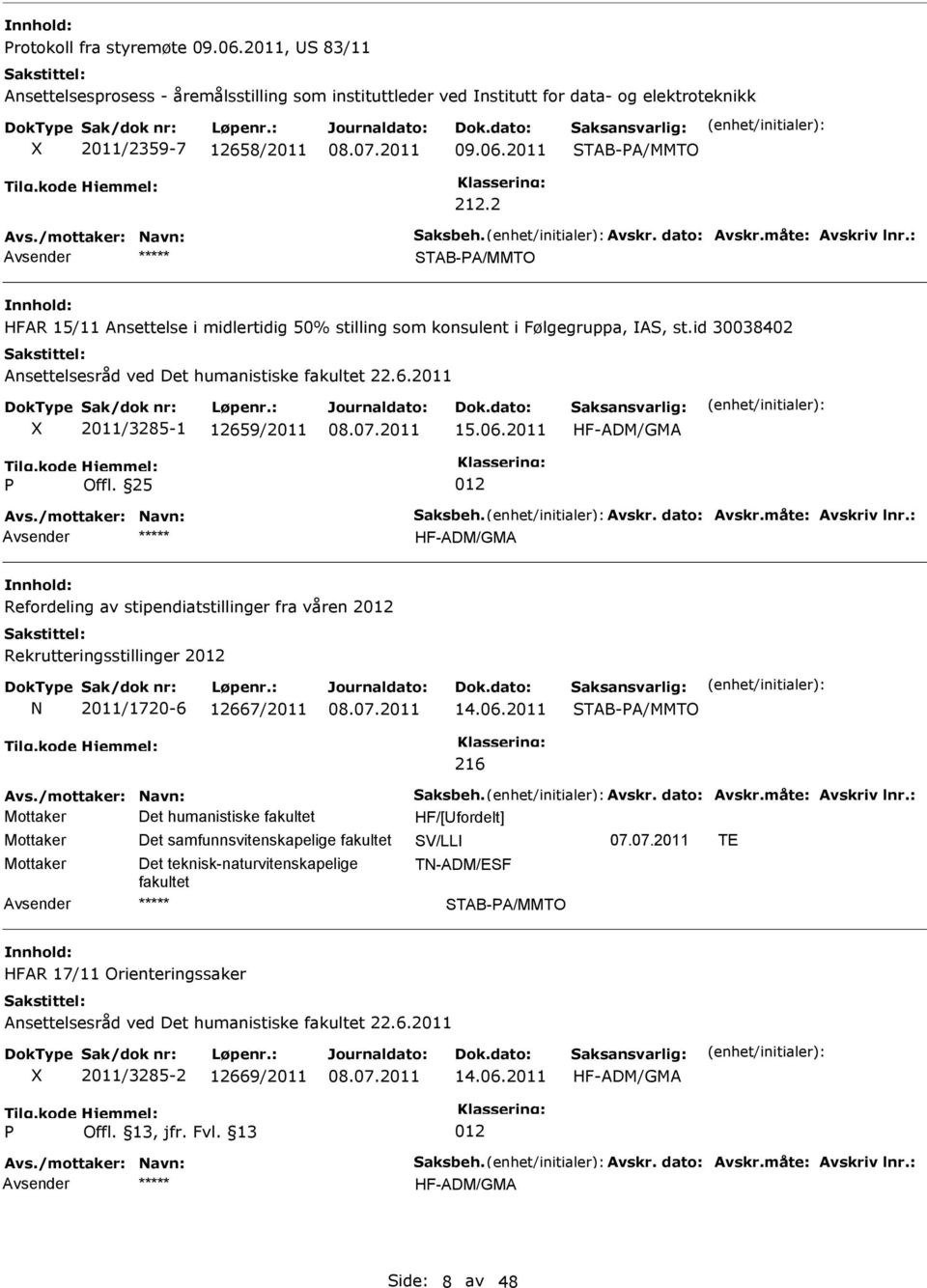 2011 Refordeling av stipendiatstillinger fra våren 2 Rekrutteringsstillinger 2 N 2011/1720-6 12667/2011 14.06.