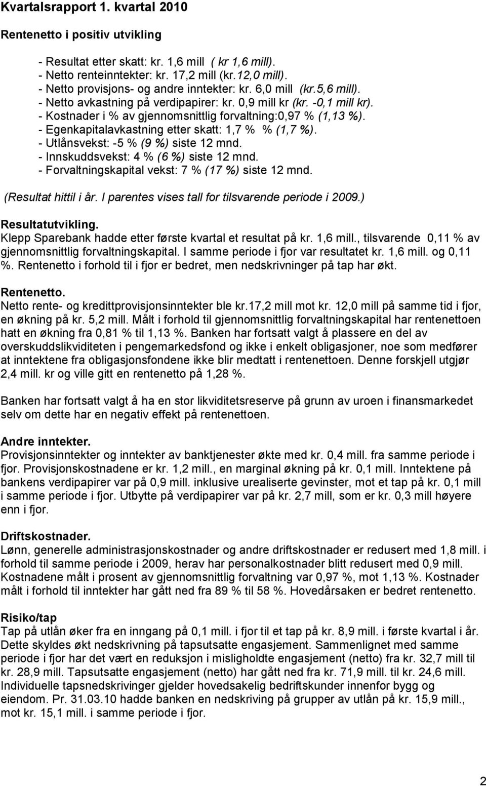 - Kostnader i % av gjennomsnittlig forvaltning:0,97 % (1,13 %). - Egenkapitalavkastning etter skatt: 1,7 % % (1,7 %). - Utlånsvekst: -5 % (9 %) siste 12 mnd. - Innskuddsvekst: 4 % (6 %) siste 12 mnd.