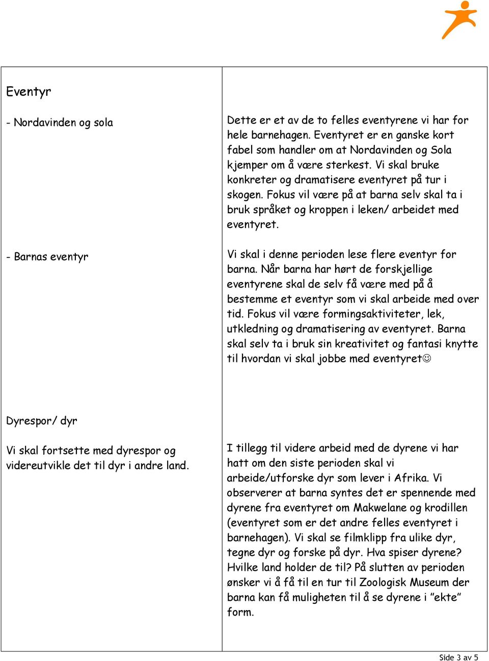 Fokus vil være på at barna selv skal ta i bruk språket og kroppen i leken/ arbeidet med eventyret. Vi skal i denne perioden lese flere eventyr for barna.