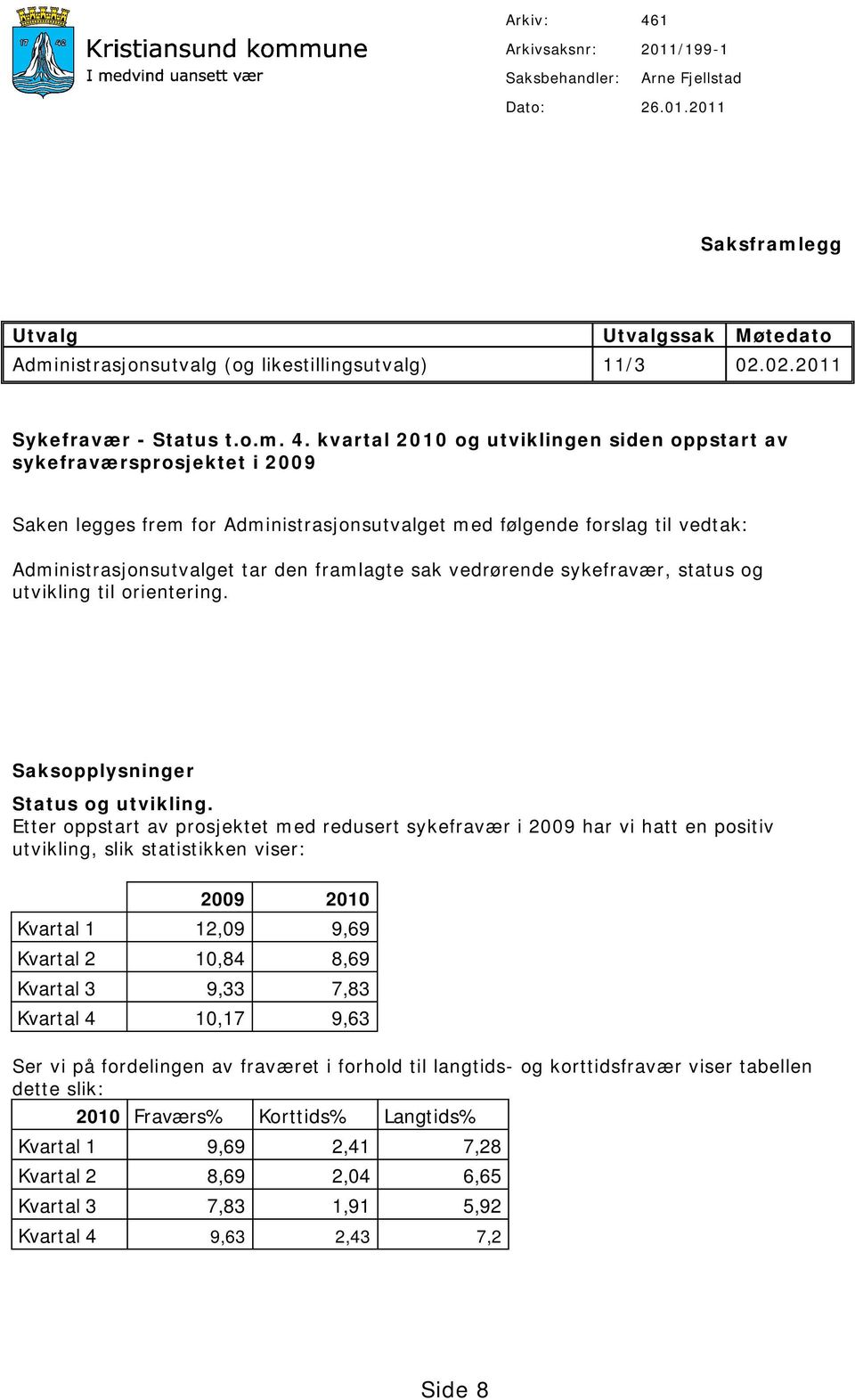 kvartal 2010 og utviklingen siden oppstart av sykefraværsprosjektet i 2009 Saken legges frem for Administrasjonsutvalget med følgende forslag til vedtak: Administrasjonsutvalget tar den framlagte sak