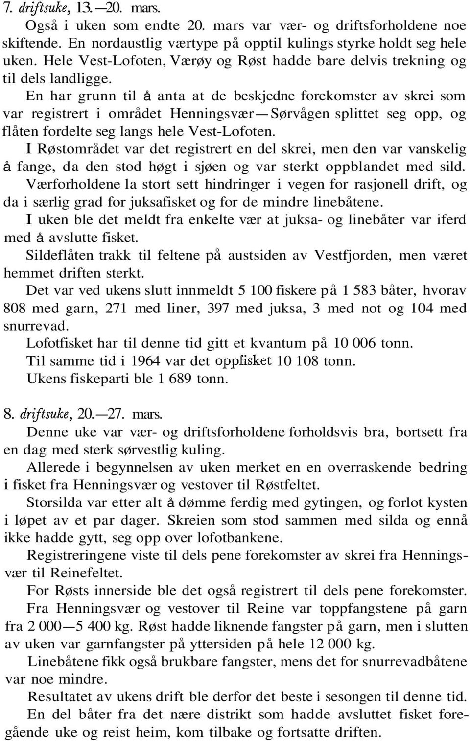 En har grunn til å anta at de beskjedne forekomster av skrei som var registrert i området HenningsværSørvågen splittet seg opp, og flåten fordelte seg langs hele VestLofoten.