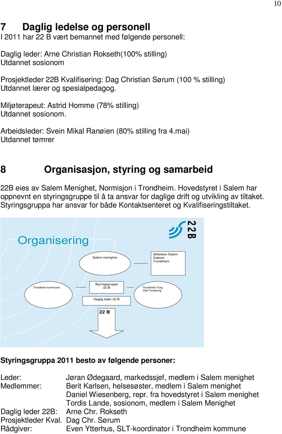 mai) Utdannet tømrer 8 Organisasjon, styring og samarbeid 22B eies av Salem Menighet, Normisjon i Trondheim.