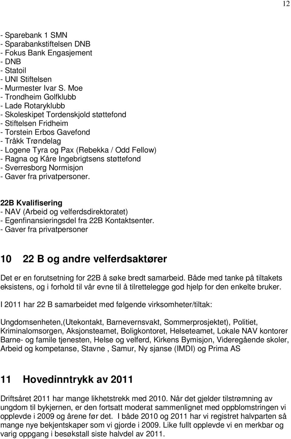 Ragna og Kåre Ingebrigtsens støttefond - Sverresborg Normisjon - Gaver fra privatpersoner. 22B Kvalifisering - NAV (Arbeid og velferdsdirektoratet) - Egenfinansieringsdel fra 22B Kontaktsenter.