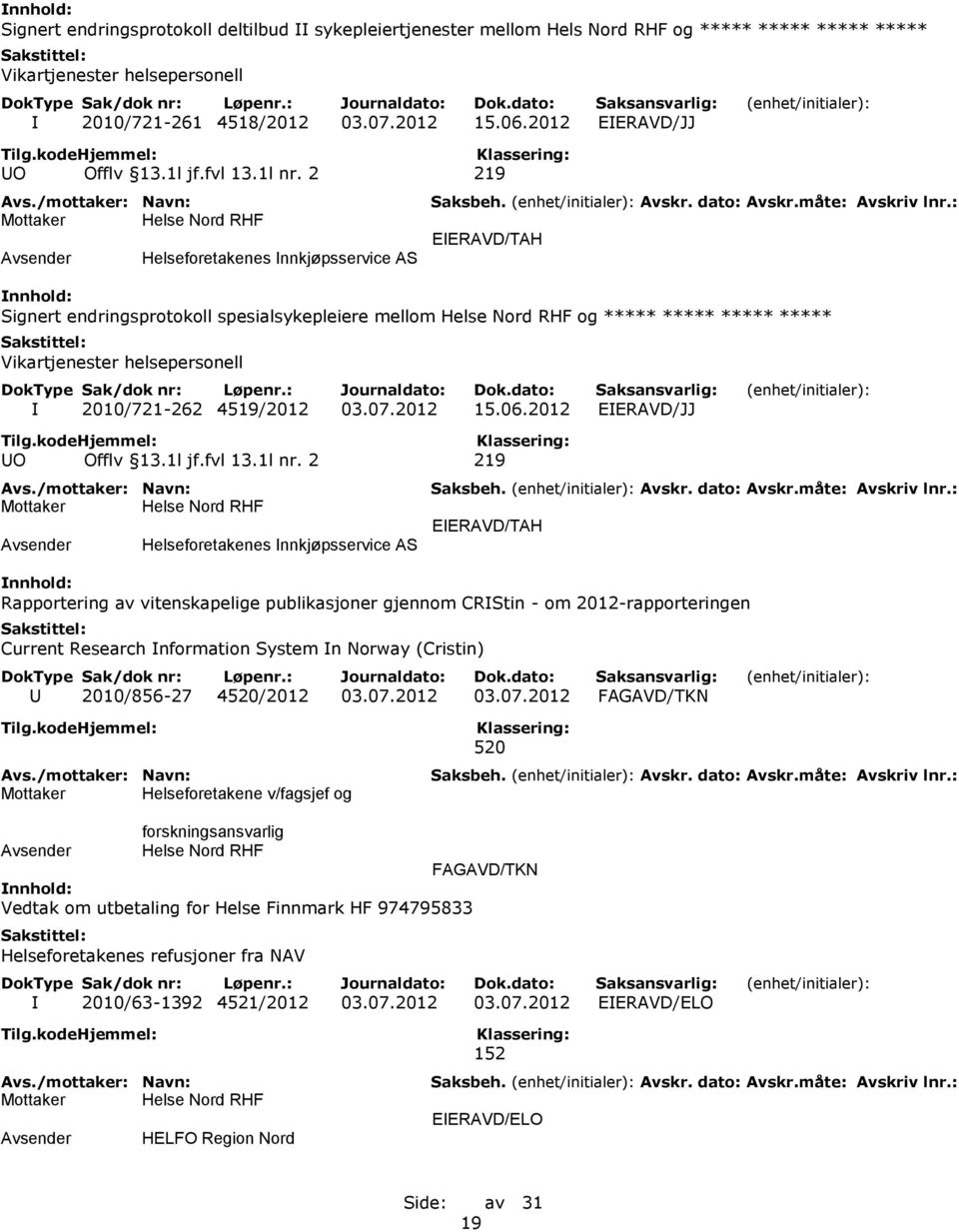 2012 EIERAVD/JJ Rapportering av vitenskapelige publikasjoner gjennom CRIStin - om 2012-rapporteringen Current Research Information System In Norway (Cristin) U 2010/856-27 4520/2012 03.07.