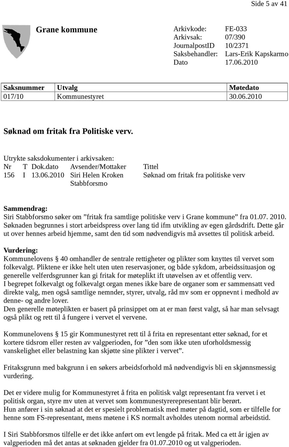 2010 Siri Helen Kroken Stabbforsmo Søknad om fritak fra politiske verv Sammendrag: Siri Stabbforsmo søker om fritak fra samtlige politiske verv i Grane kommune fra 01.07. 2010.