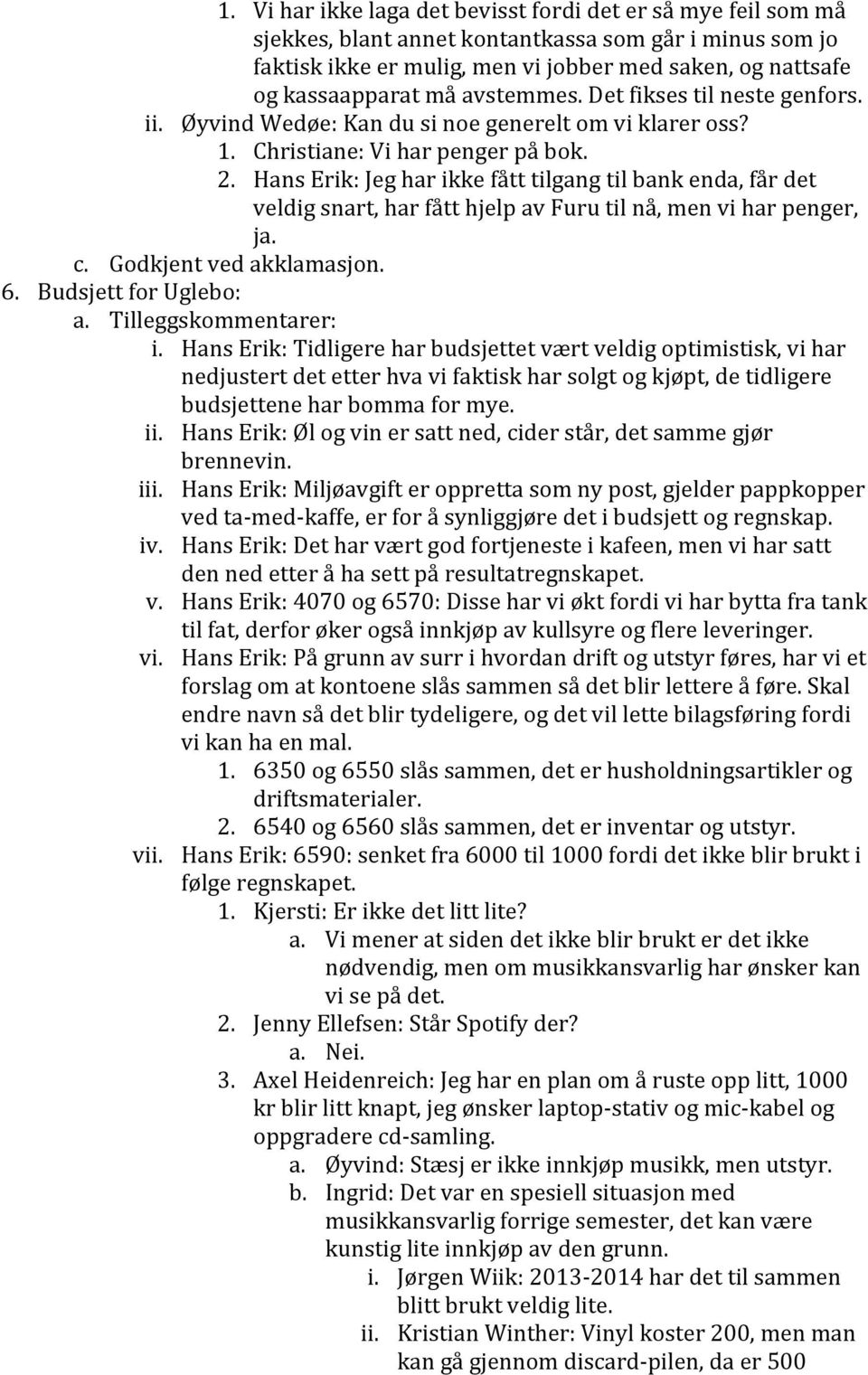 Hans Erik: Jeg har ikke fått tilgang til bank enda, får det veldig snart, har fått hjelp av Furu til nå, men vi har penger, ja. c. Godkjent ved akklamasjon. 6. Budsjett for Uglebo: i.