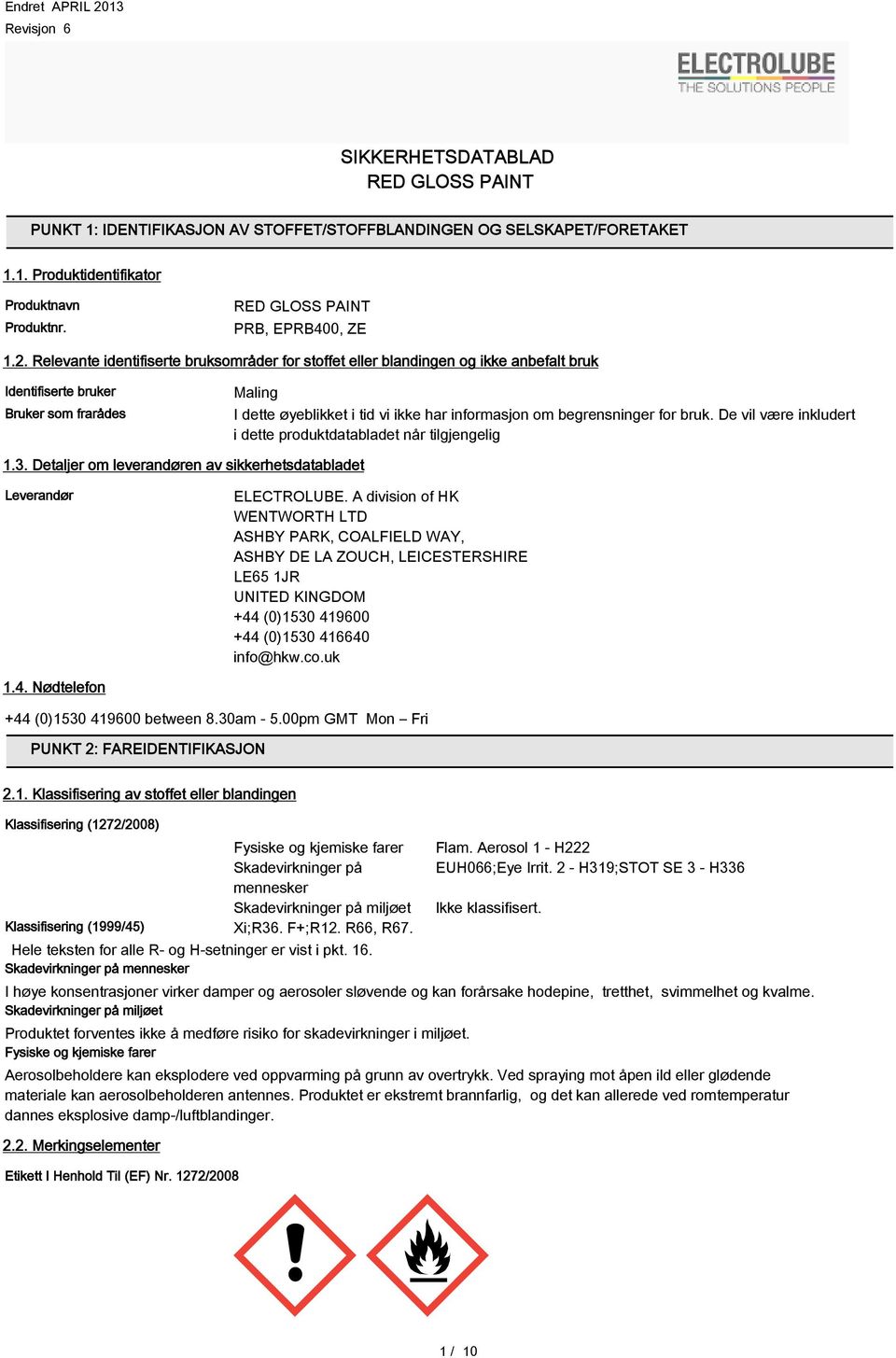 Relevante identifiserte bruksområder for stoffet eller blandingen og ikke anbefalt bruk Identifiserte bruker Bruker som frarådes Maling I dette øyeblikket i tid vi ikke har informasjon om