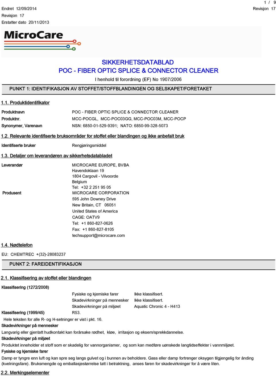 MCC-POCGL, MCC-POC03GG, MCC-POC03M, MCC-POCP Synonymer, Varenavn NSN: 6850-01-529