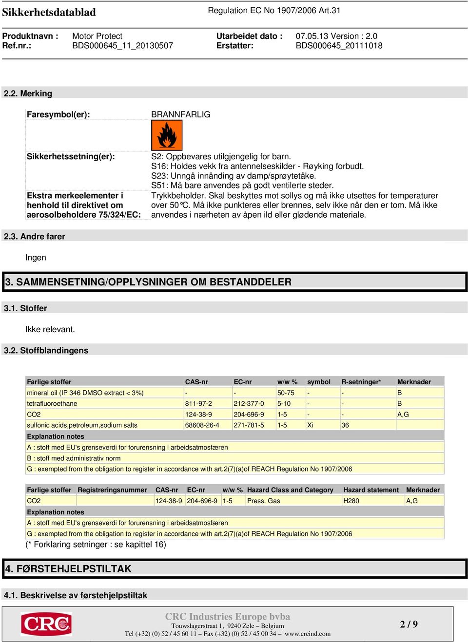 Skal beskyttes mot sollys og må ikke utsettes for temperaturer over 50 C. Må ikke punkteres eller brennes, selv ikke når den er tom. Må ikke anvendes i nærheten av åpen ild eller glødende materiale.