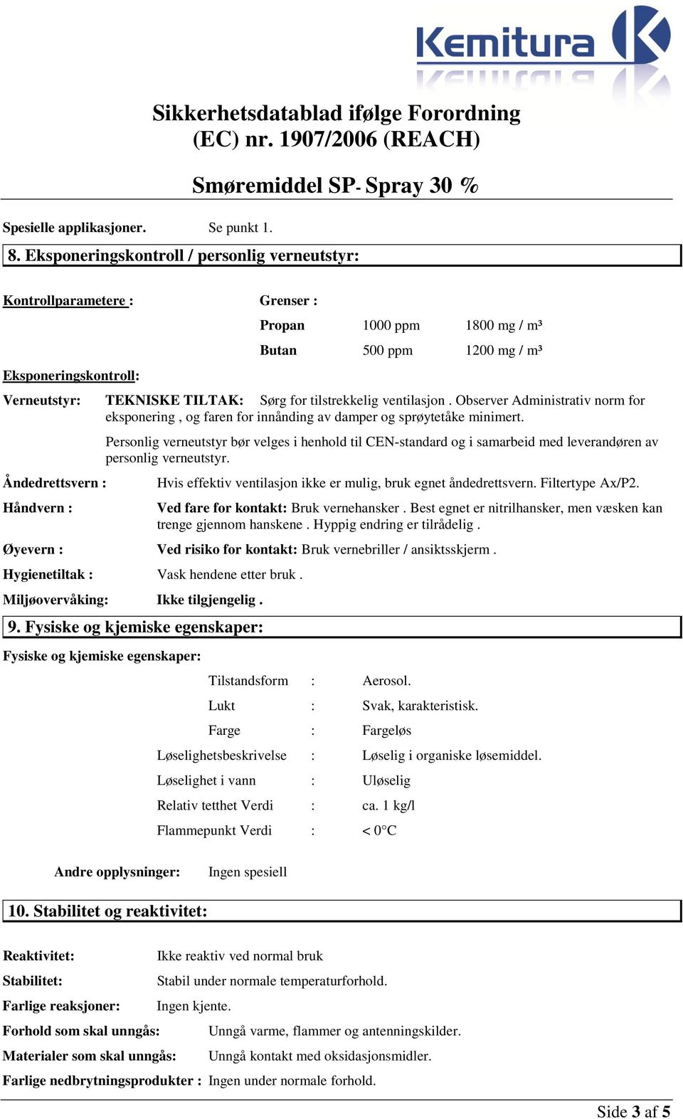 ventilasjon. Observer Administrativ norm for eksponering, og faren for innånding av damper og sprøytetåke minimert.