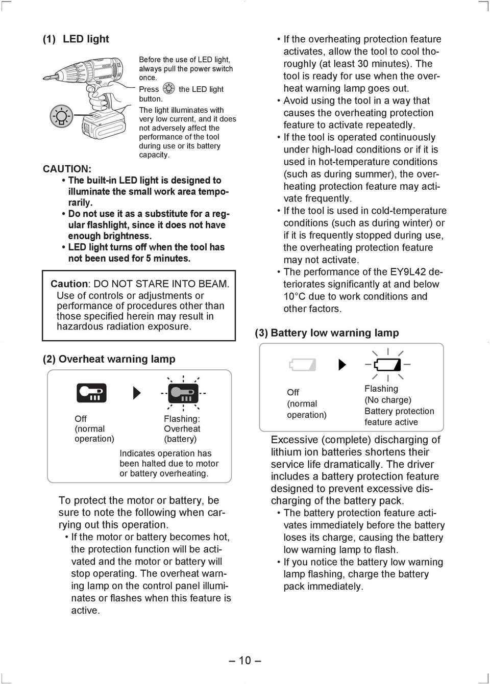 CAUTION: The built-in LED light is designed to illuminate the small work area temporarily. Do not use it as a substitute for a regular flashlight, since it does not have enough brightness.