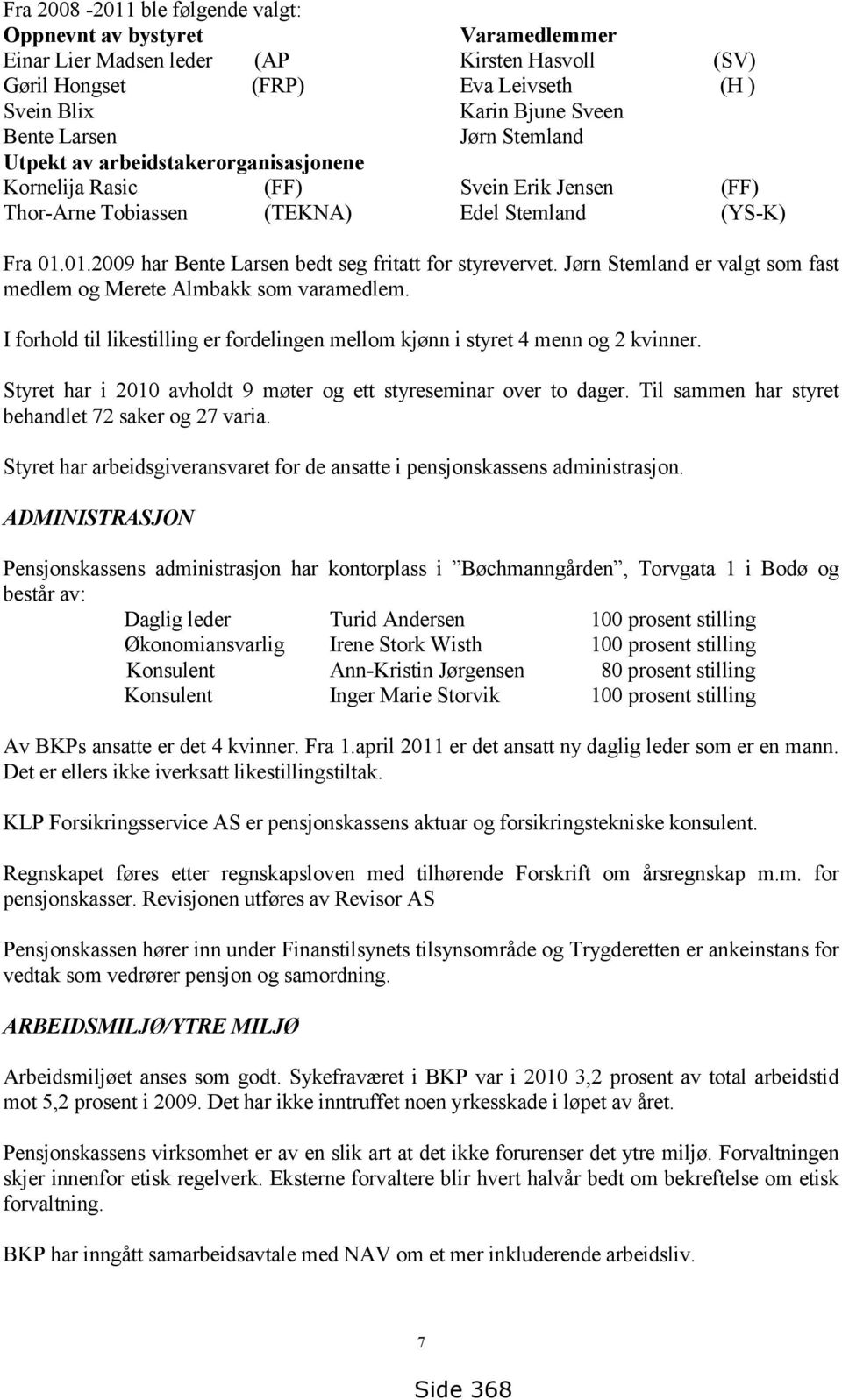 01.2009 har Bente Larsen bedt seg fritatt for styrevervet. Jørn Stemland er valgt som fast medlem og Merete Almbakk som varamedlem.