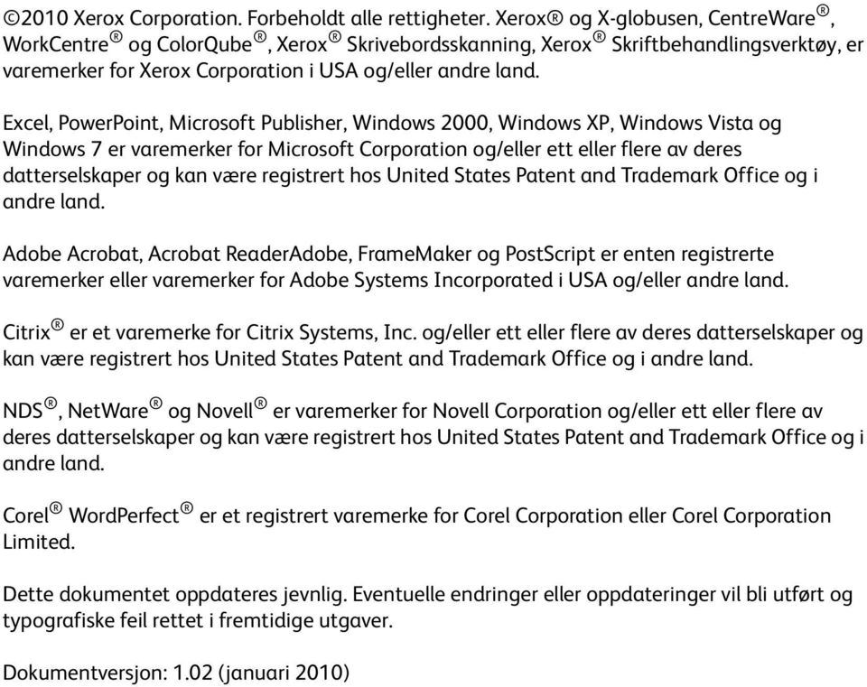 Excel, PowerPoint, Microsoft Publisher, Windows 2000, Windows XP, Windows Vista og Windows 7 er varemerker for Microsoft Corporation og/eller ett eller flere av deres datterselskaper og kan være