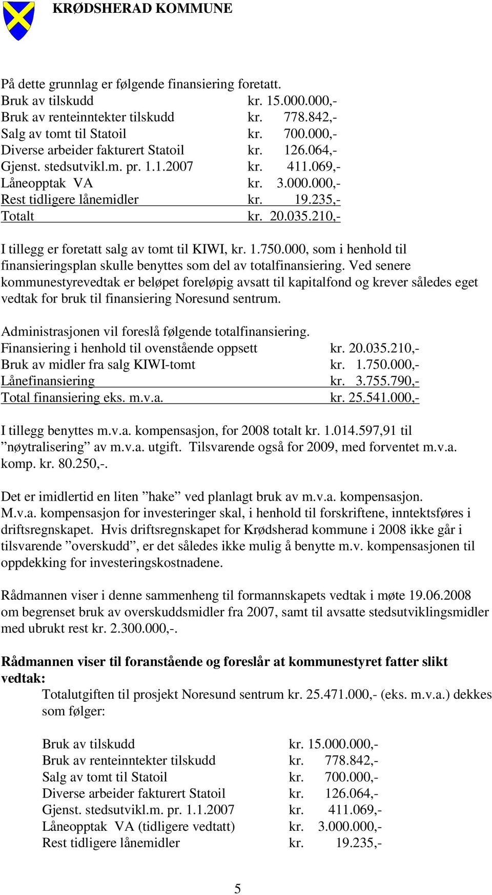 210,- I tillegg er foretatt salg av tomt til KIWI, kr. 1.750.000, som i henhold til finansieringsplan skulle benyttes som del av totalfinansiering.