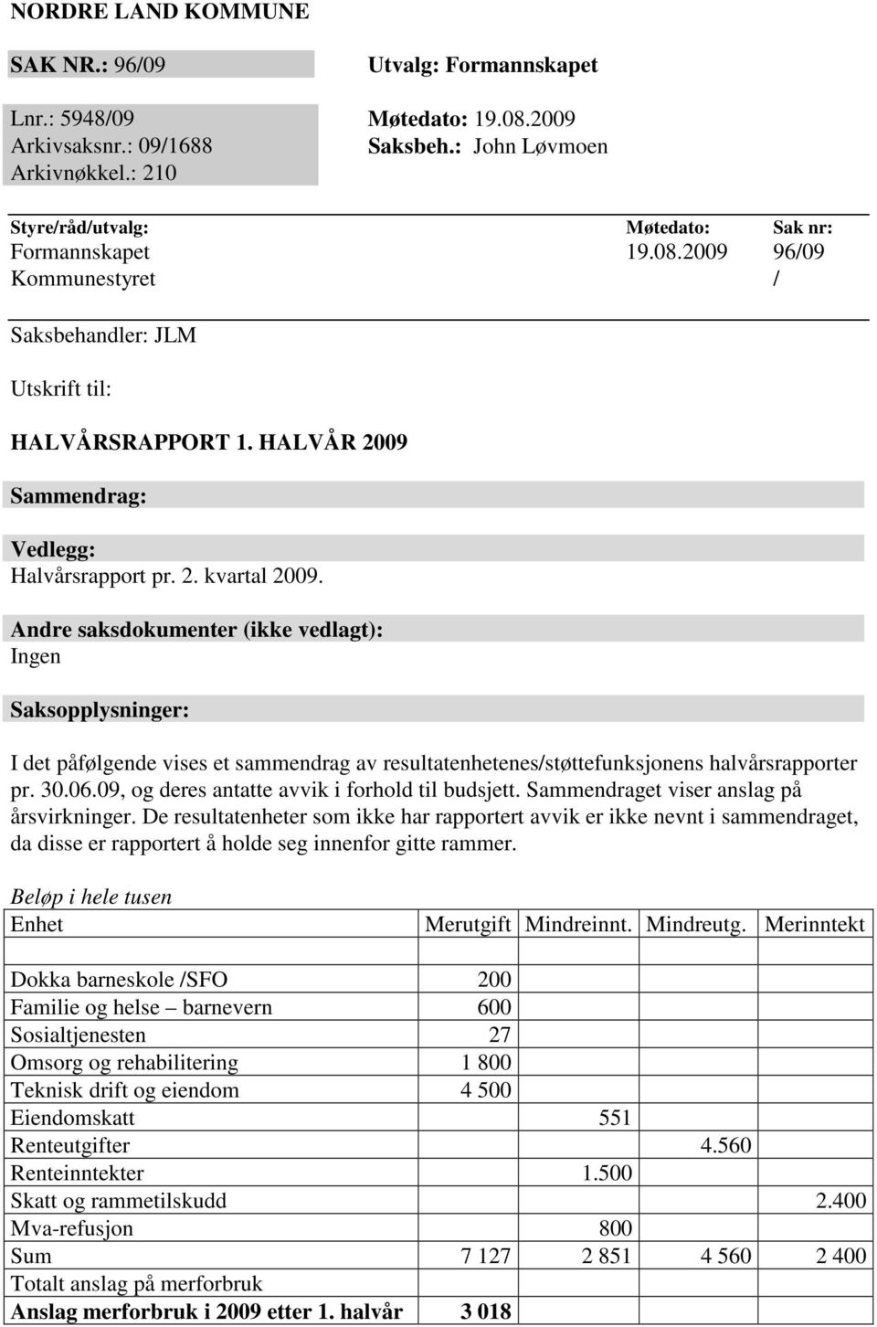 Andre saksdokumenter (ikke vedlagt): Ingen Saksopplysninger: I det påfølgende vises et sammendrag av resultatenhetenes/støttefunksjonens halvårsrapporter pr. 30.06.