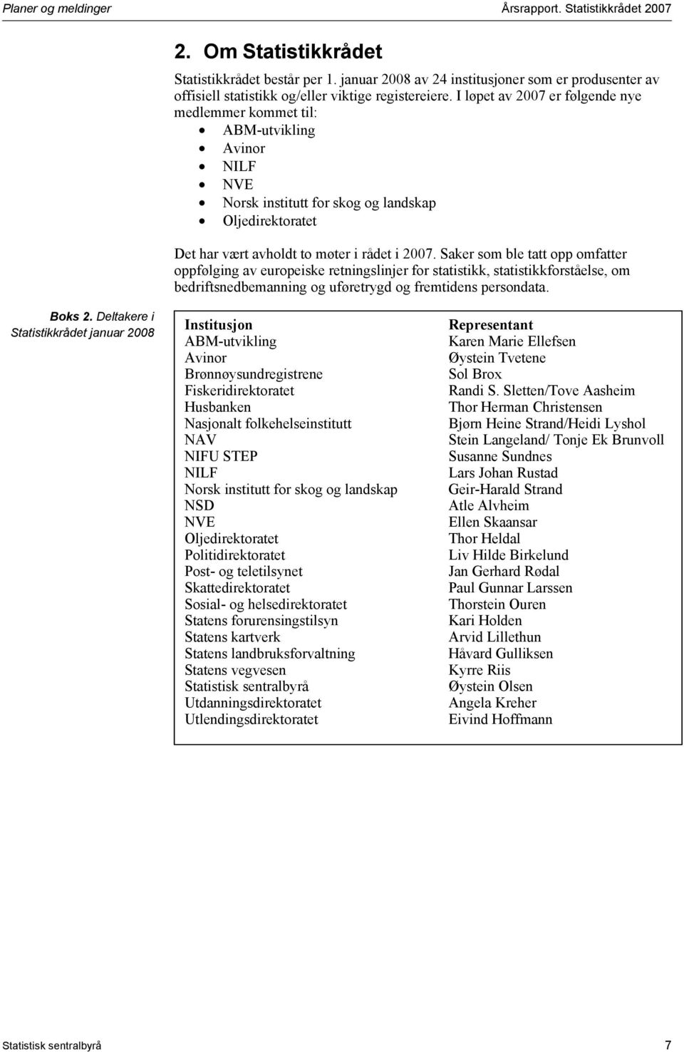 I løpet av 2007 er følgende nye medlemmer kommet til: ABM-utvikling Avinor NILF NVE Norsk institutt for skog og landskap Oljedirektoratet Det har vært avholdt to møter i rådet i 2007.