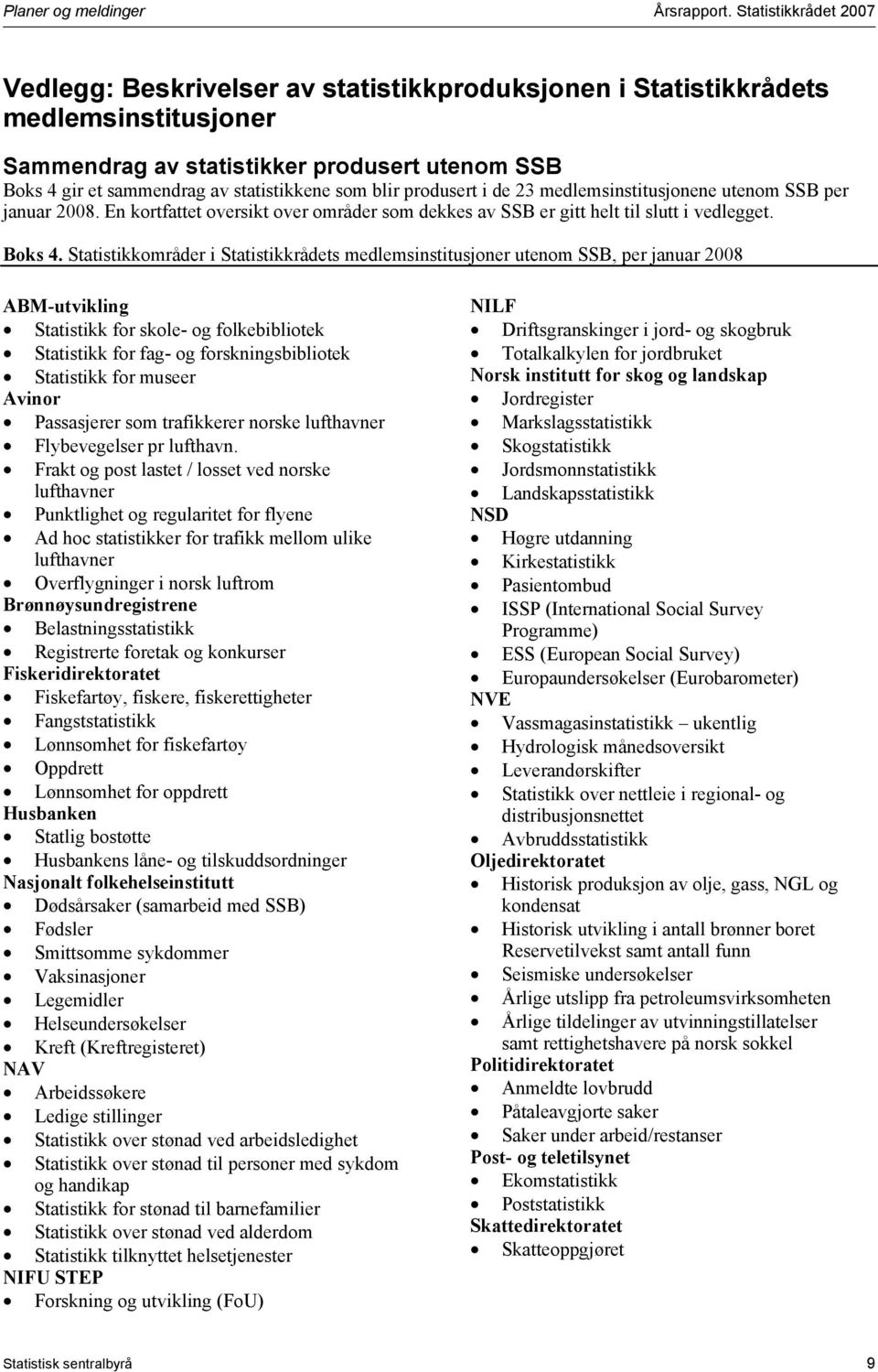 som blir produsert i de 23 medlemsinstitusjonene utenom SSB per januar 2008. En kortfattet oversikt over områder som dekkes av SSB er gitt helt til slutt i vedlegget. Boks 4.