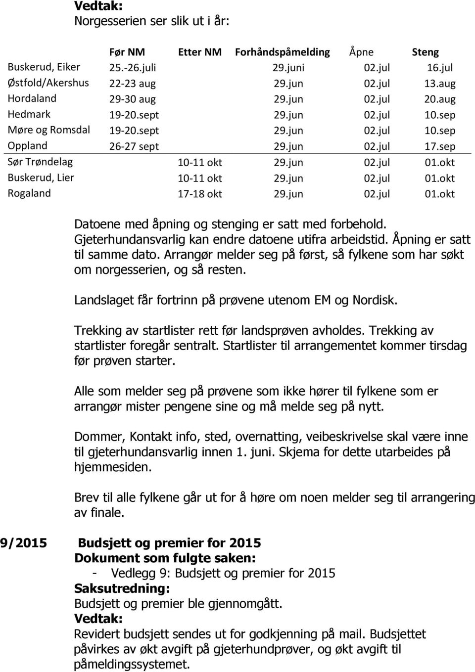 okt Buskerud, Lier 10-11 okt 29.jun 02.jul 01.okt Rogaland 17-18 okt 29.jun 02.jul 01.okt Datoene med åpning og stenging er satt med forbehold. Gjeterhundansvarlig kan endre datoene utifra arbeidstid.