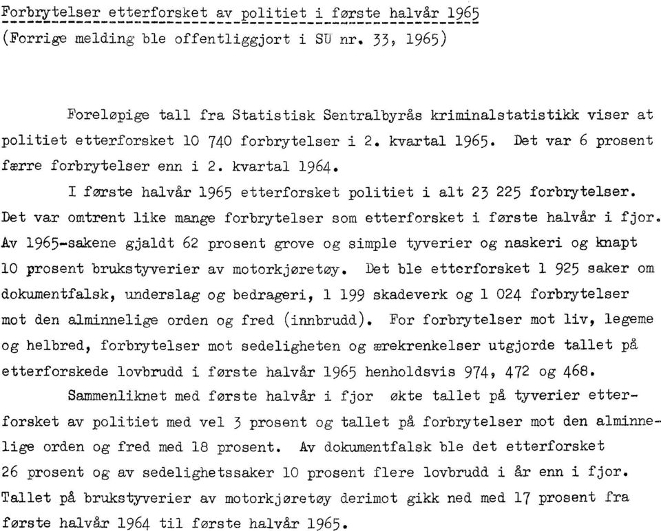 kvartal 1964. forste halvår 1965 etterforsket politiet i alt 23 225 forbrytelser. Det var omtrent like mange forbrytelser som etterforsket i forste halvår i fjor.