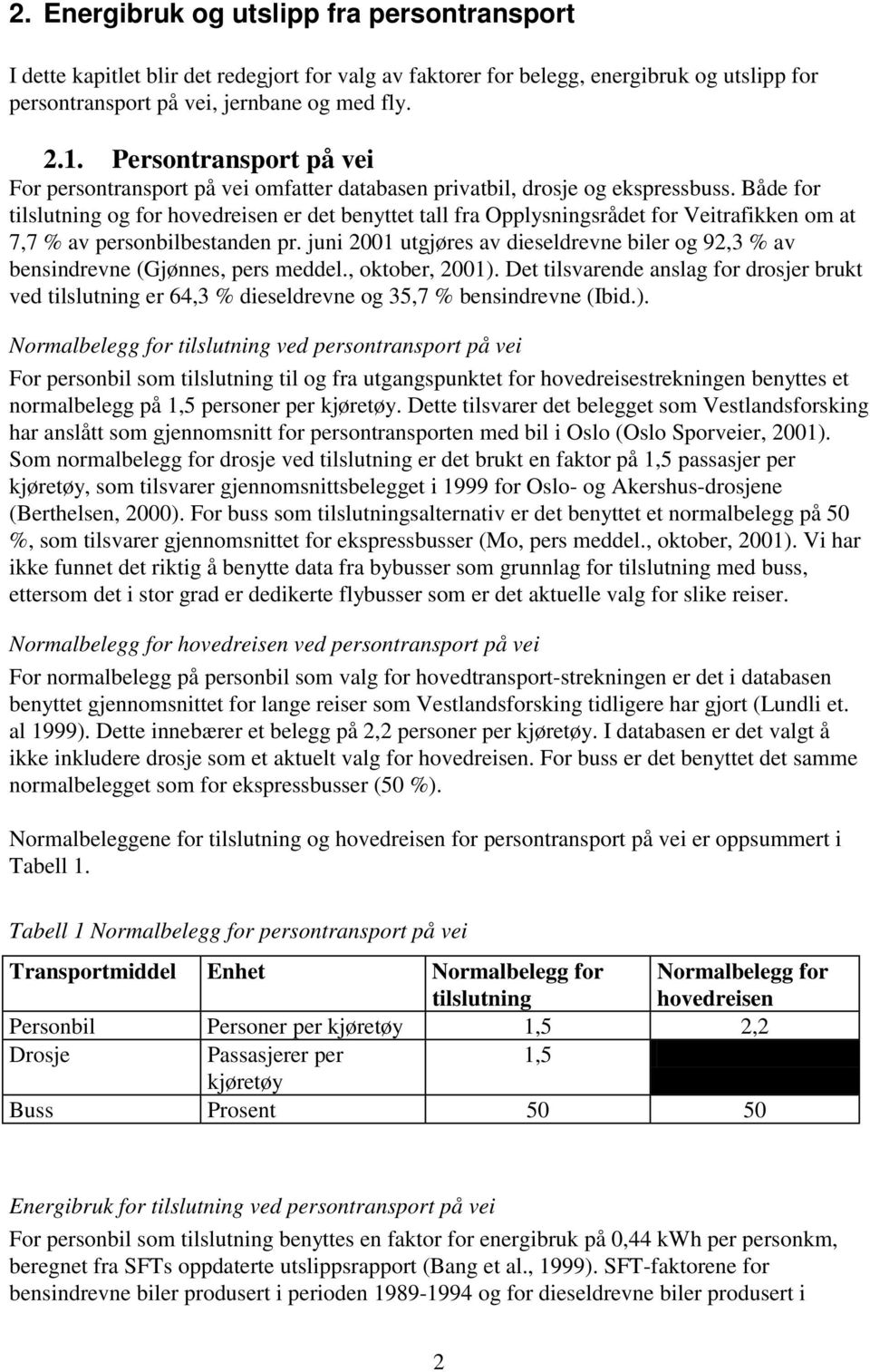 Både for tilslutning og for hovedreisen er det benyttet tall fra Opplysningsrådet for Veitrafikken om at 7,7 % av personbilbestanden pr.