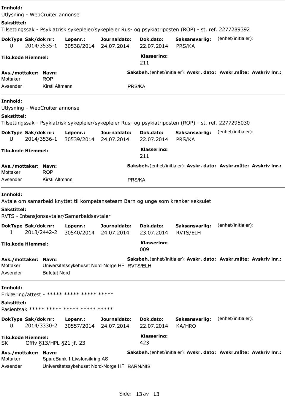 2277295030 2014/3536-1 30539/2014 RS/KA Avs./mottaker: Navn: Saksbeh. Avskr. dato: Avskr.måte: Avskriv lnr.