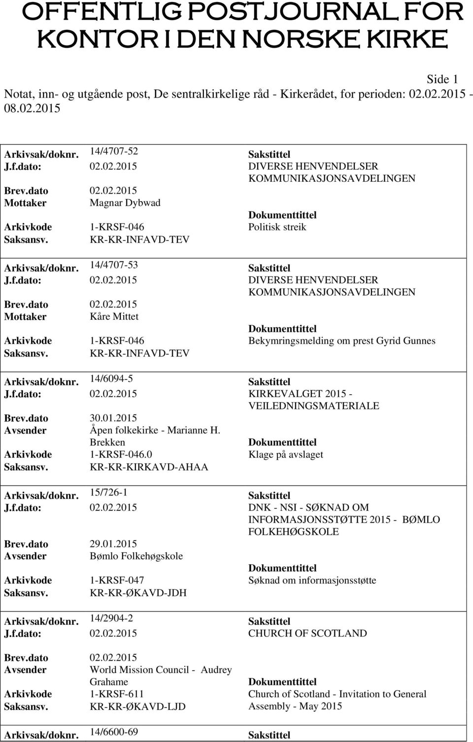 14/6094-5 Sakstittel J.f.dato: 02.02.2015 KIRKEVALGET 2015 - VEILEDNINGSMATERIALE Brev.dato 30.01.2015 Avsender Åpen folkekirke - Marianne H. Brekken Arkivkode 1-KRSF-046.0 Klage på avslaget Saksansv.