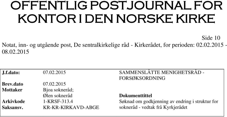 2015 Mottaker Bjoa sokneråd; Ølen sokneråd Arkivkode Saksansv.