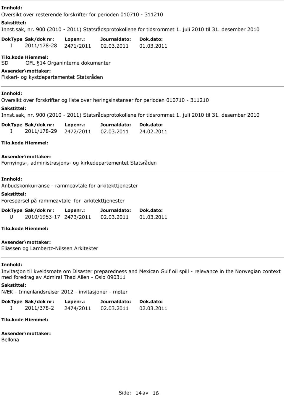 sak, nr. 900 (2010-2011) Statsrådsprotokollene for tidsrommet 1. juli 2010 til 31. desember 2010 2011/178-29 2472/2011 24.02.