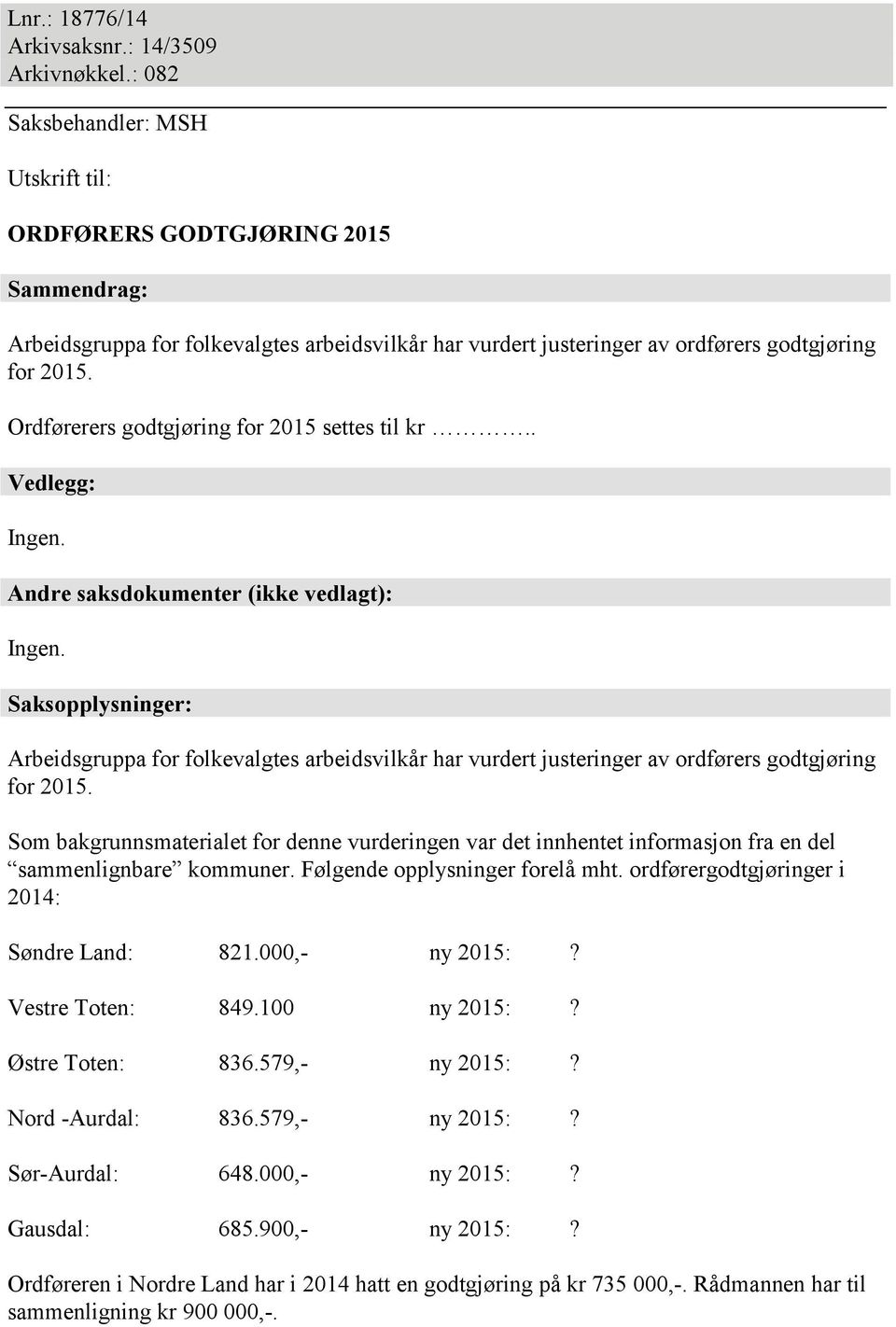 Ordførerers godtgjøring for 2015 settes til kr.. Vedlegg: Ingen. Andre saksdokumenter (ikke vedlagt): Ingen.