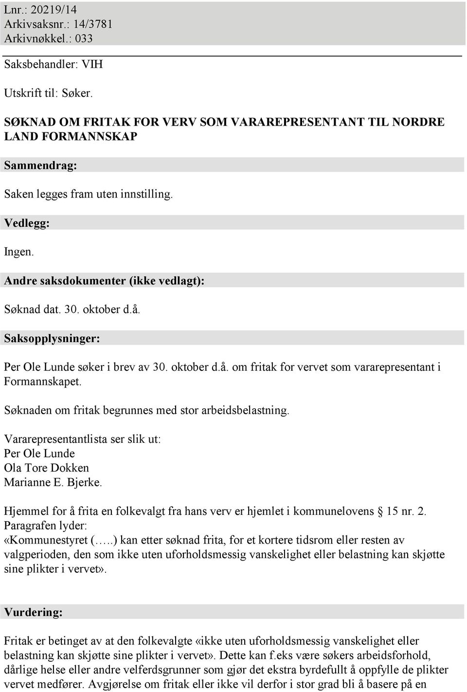 oktober d.å. Saksopplysninger: Per Ole Lunde søker i brev av 30. oktober d.å. om fritak for vervet som vararepresentant i Formannskapet. Søknaden om fritak begrunnes med stor arbeidsbelastning.