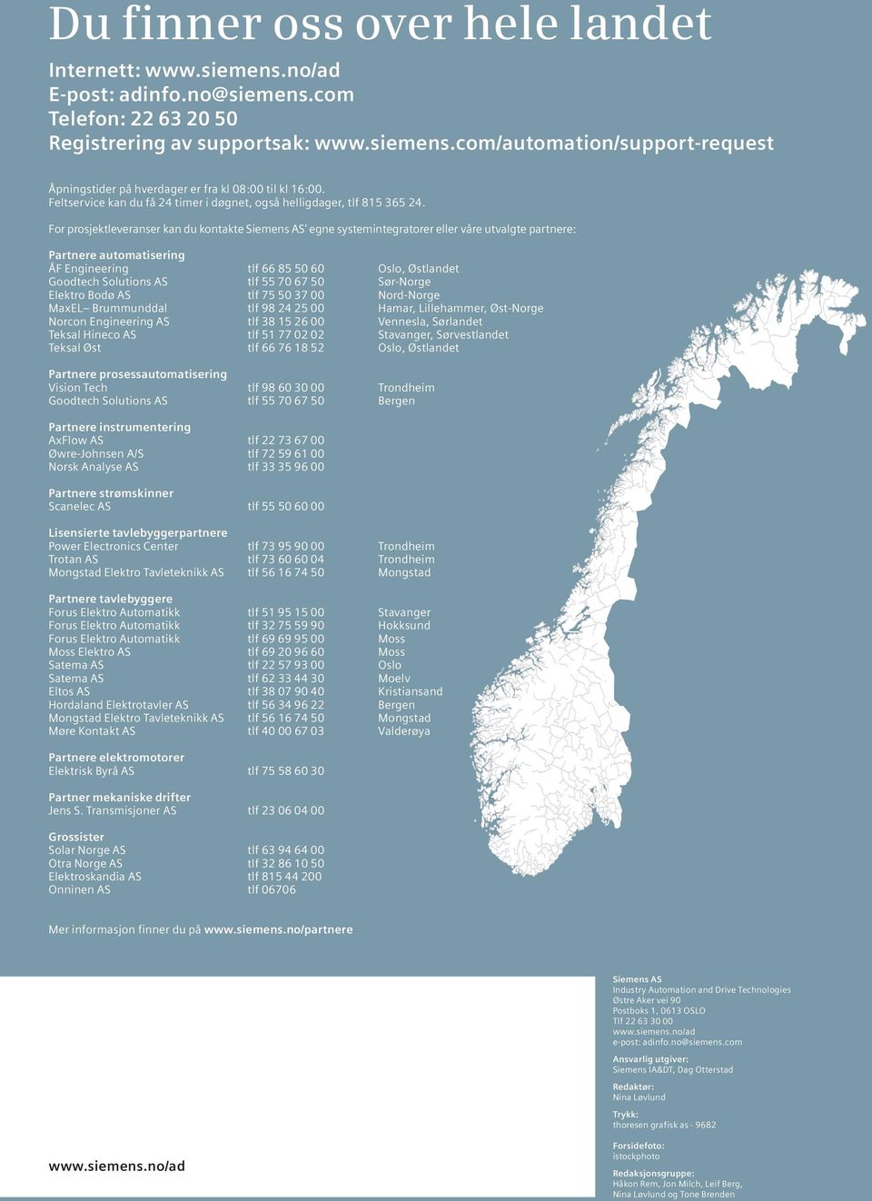 For prosjektleveranser kan du kontakte Siemens AS egne systemintegratorer eller våre utvalgte partnere: Partnere automatisering ÅF Engineering tlf 66 85 50 60 Oslo, Østlandet Goodtech Solutions AS