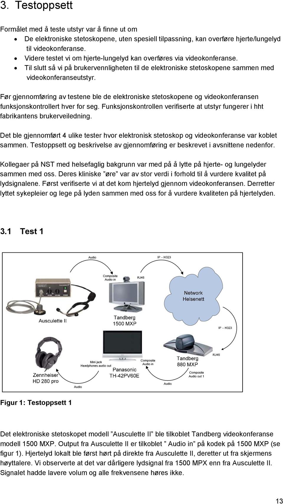 Før gjennomføring av testene ble de elektroniske stetoskopene og videokonferansen funksjonskontrollert hver for seg.