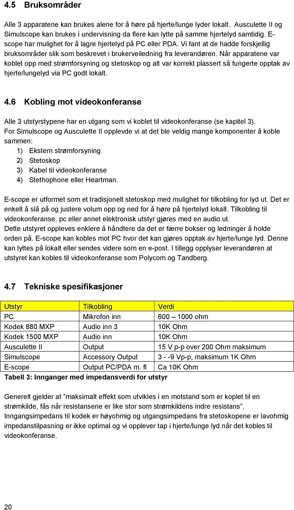 Når apparatene var koblet opp med strømforsyning og stetoskop og alt var korrekt plassert så fungerte opptak av hjerte/lungelyd via PC godt lokalt. 4.