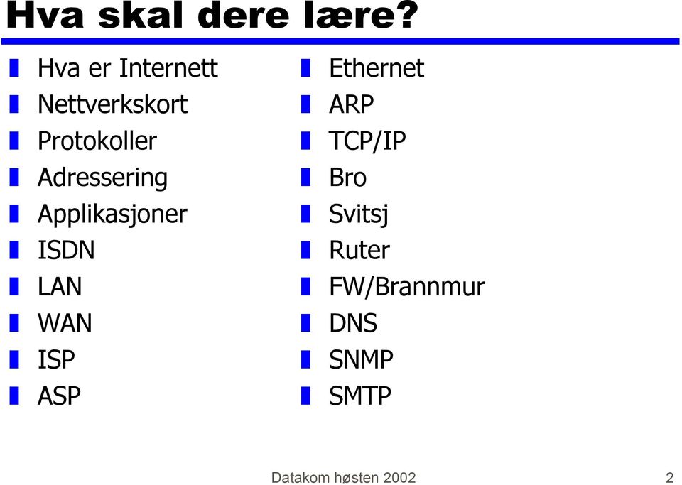 Adressering Applikasjoner ISDN LAN WAN ISP ASP