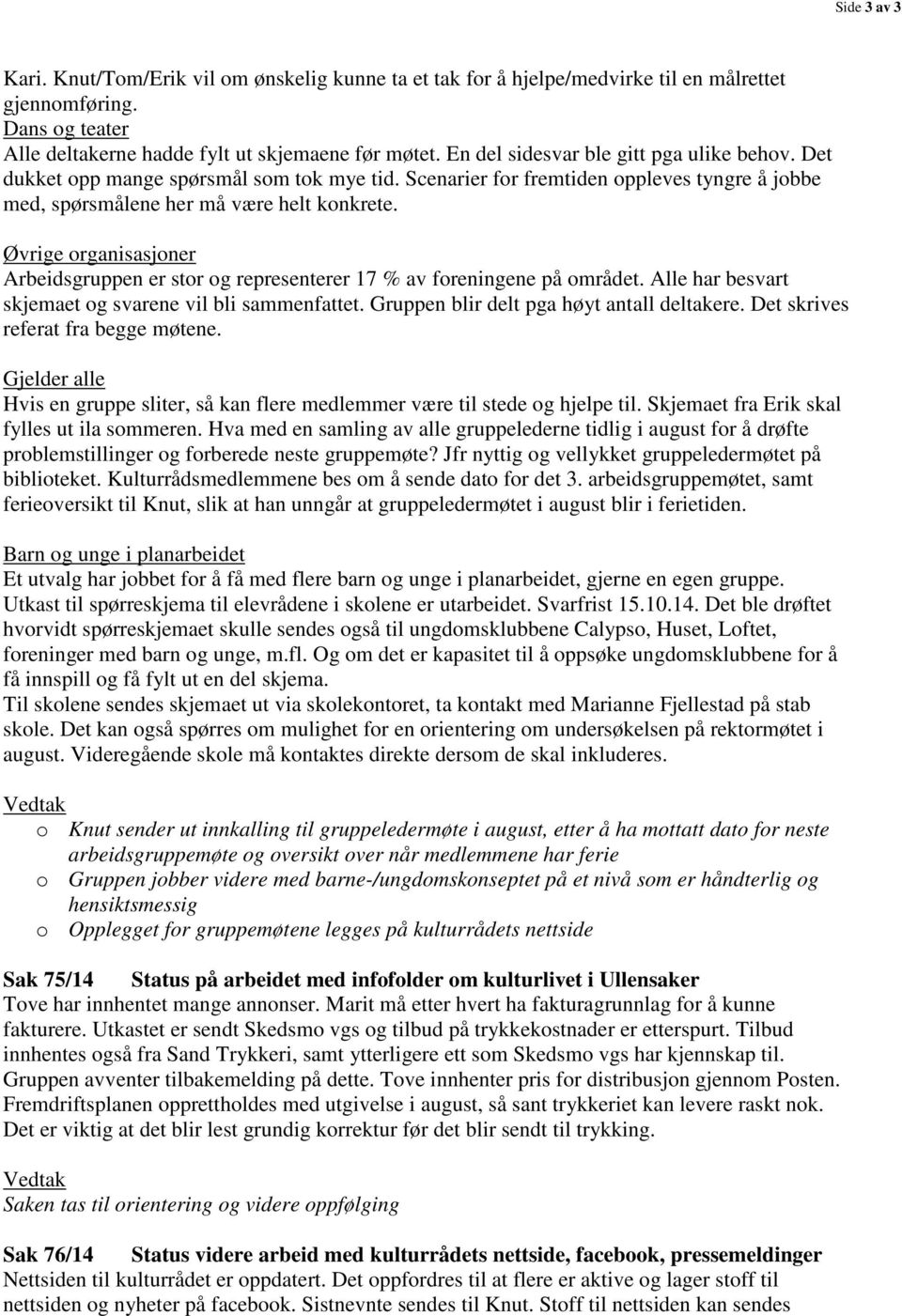 Øvrige organisasjoner Arbeidsgruppen er stor og representerer 17 % av foreningene på området. Alle har besvart skjemaet og svarene vil bli sammenfattet. Gruppen blir delt pga høyt antall deltakere.