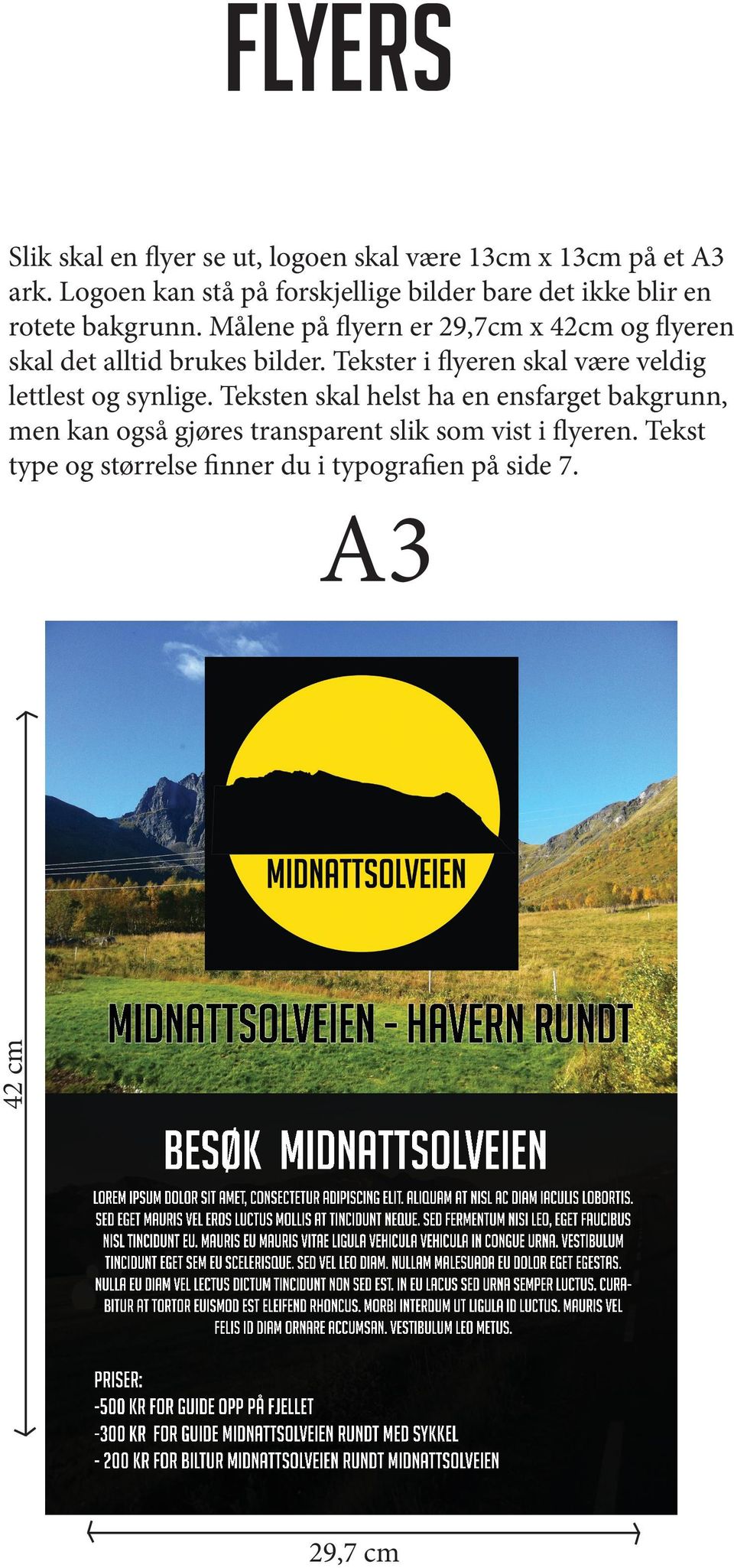 Teksten skal helst ha en ensfarget bakgrunn, men kan også gjøres transparent slik som vist i flyeren. Tekst type og størrelse finner du i typografien på side 7.