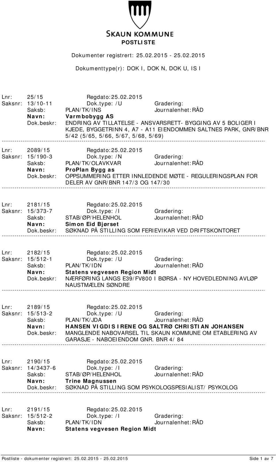 (5/65, 5/66, 5/67, 5/68, 5/69) Lnr: 2089/15 Regdato:25.02.2015 Saksnr: 15/190-3 Dok.